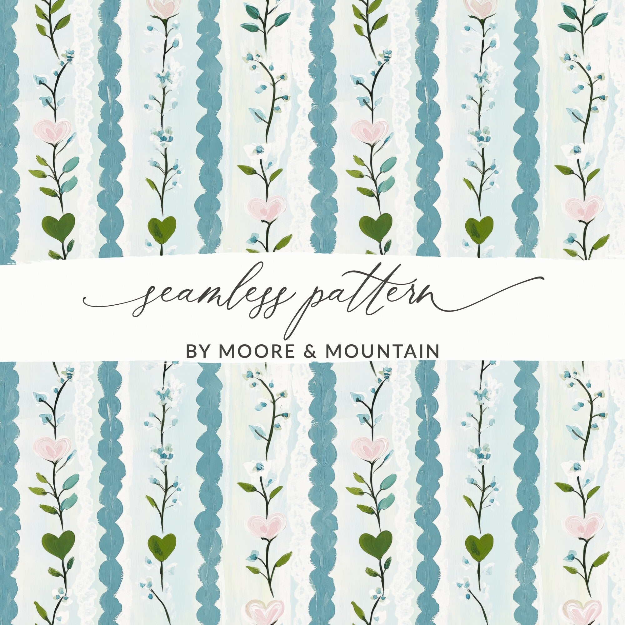 Floral Heart Seamless Pattern, Digital Paper, Blue Stripe Texture, Fabric Design, Scrapbooking, Printable Backgrounds, Digital Download - Moore and Mountain