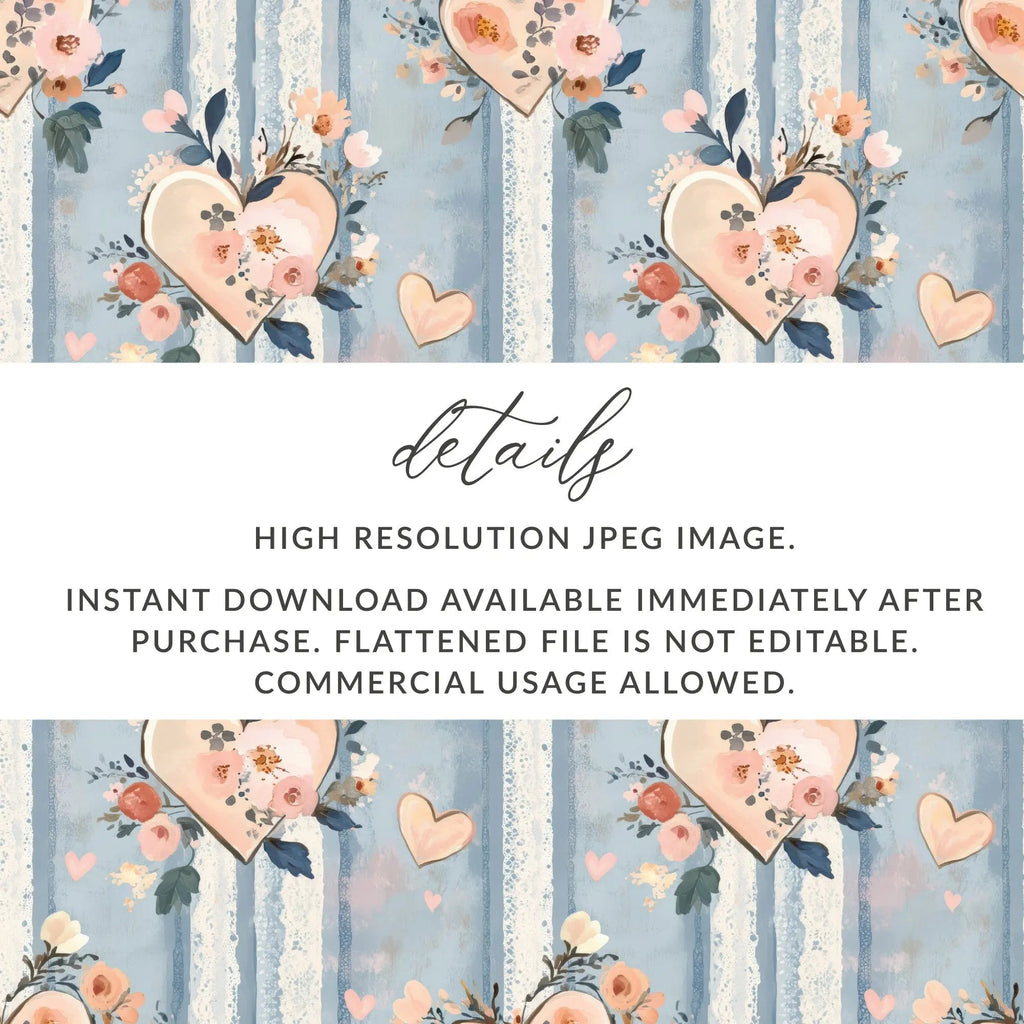 Floral Hearts Digital Paper, Seamless Pattern, Valentine's Day, Light Blue Texture, Romantic Design, Digital Download - Moore and Mountain