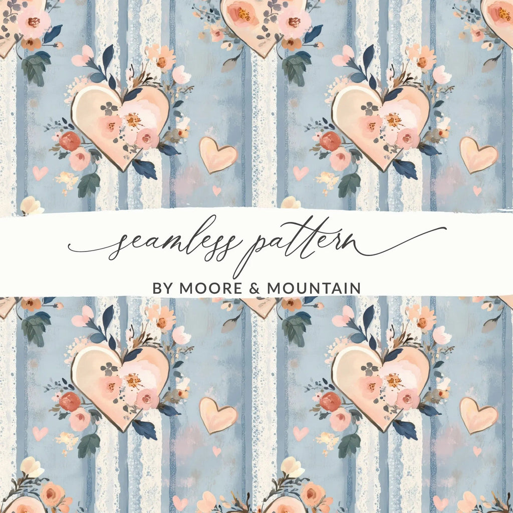 Floral Hearts Digital Paper, Seamless Pattern, Valentine's Day, Light Blue Texture, Romantic Design, Digital Download - Moore and Mountain