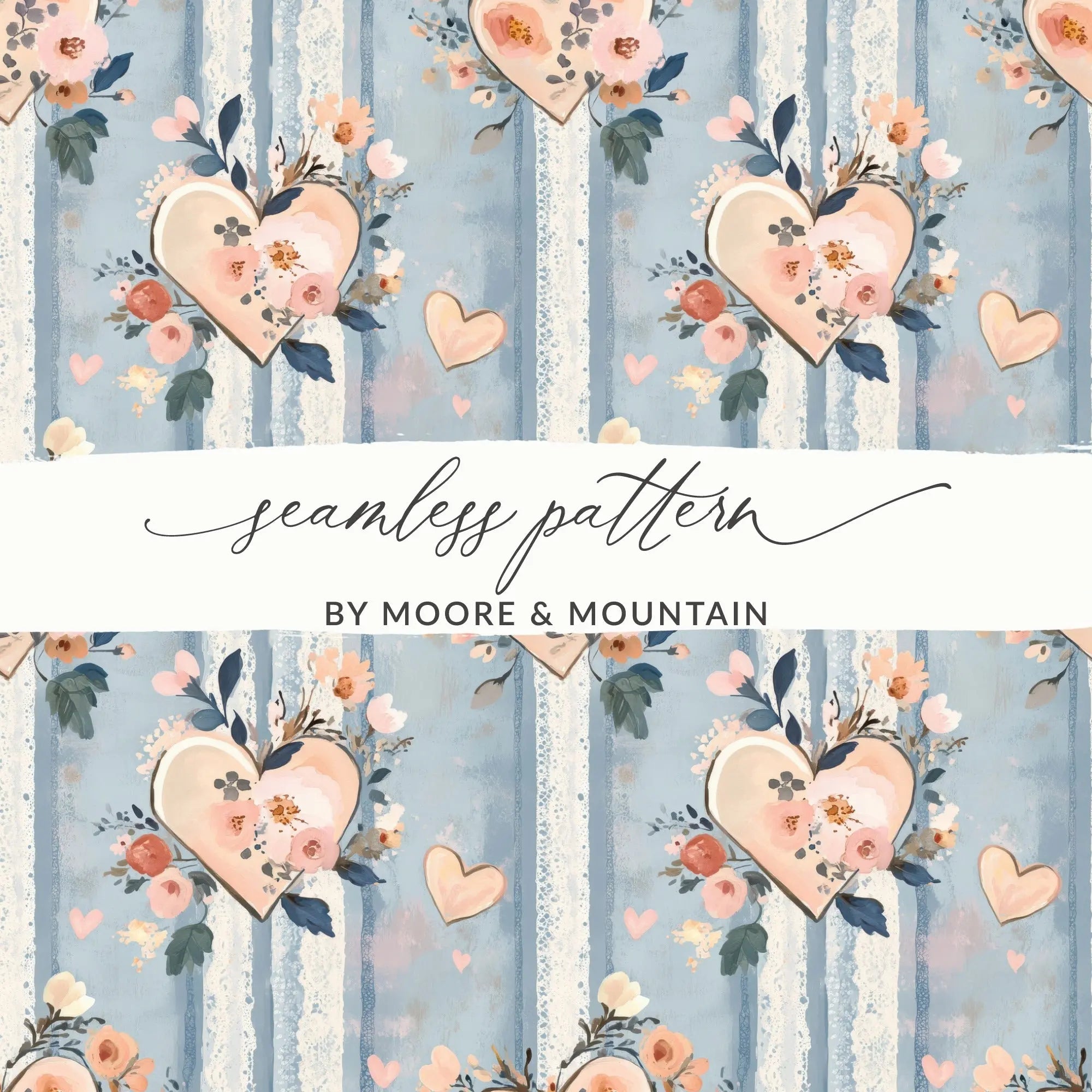 Floral Hearts Digital Paper, Seamless Pattern, Valentine's Day, Light Blue Texture, Romantic Design, Digital Download - Moore and Mountain