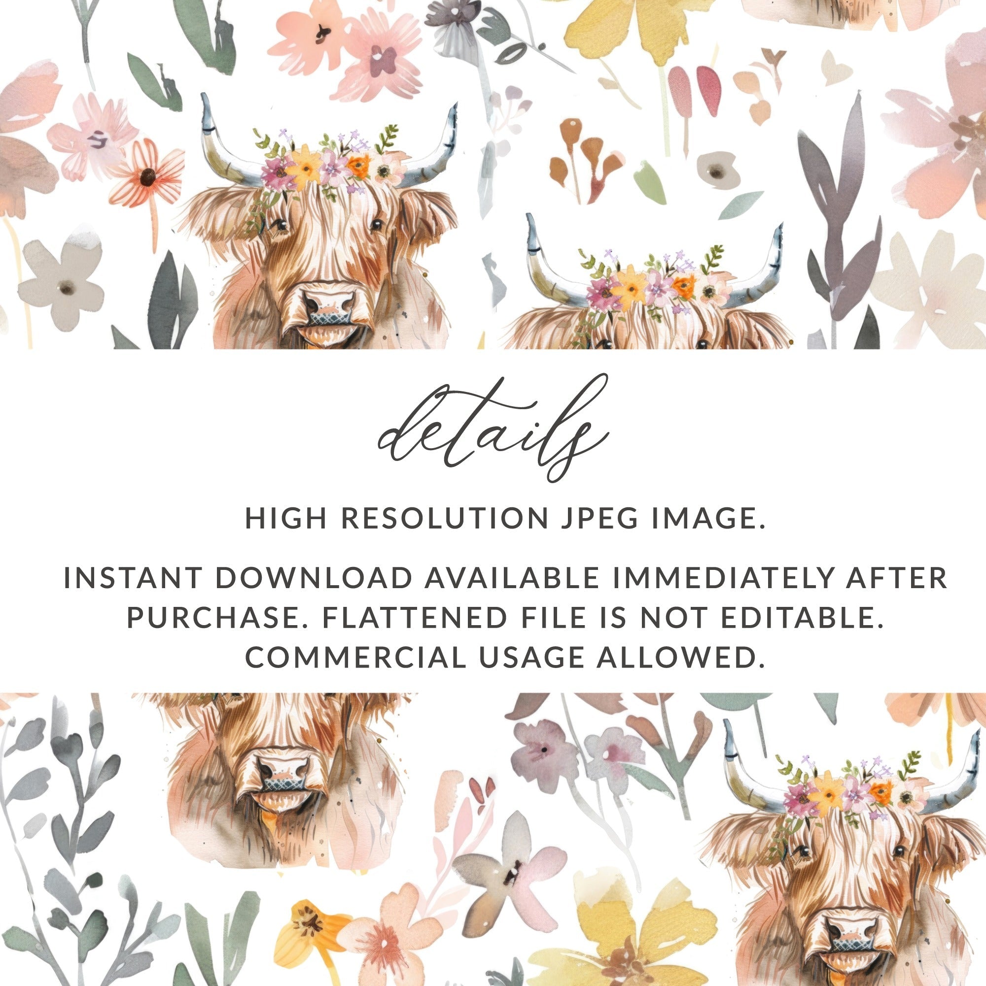 Floral Highland Cow Digital Paper, Seamless Pattern, Cow Print, Farmhouse, Rustic Chic, JPEG Files, Animal Design, Digital Download - Moore and Mountain
