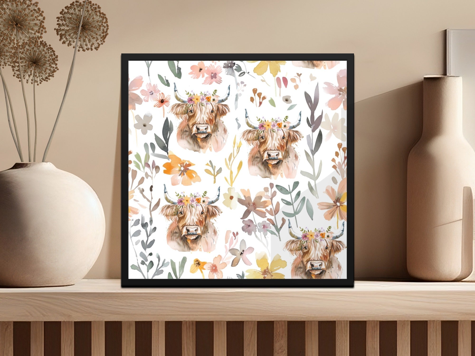 Floral Highland Cow Digital Paper, Seamless Pattern, Cow Print, Farmhouse, Rustic Chic, JPEG Files, Animal Design, Digital Download - Moore and Mountain