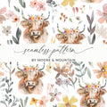 Floral Highland Cow Digital Paper, Seamless Pattern, Cow Print, Farmhouse, Rustic Chic, JPEG Files, Animal Design, Digital Download - Moore and Mountain