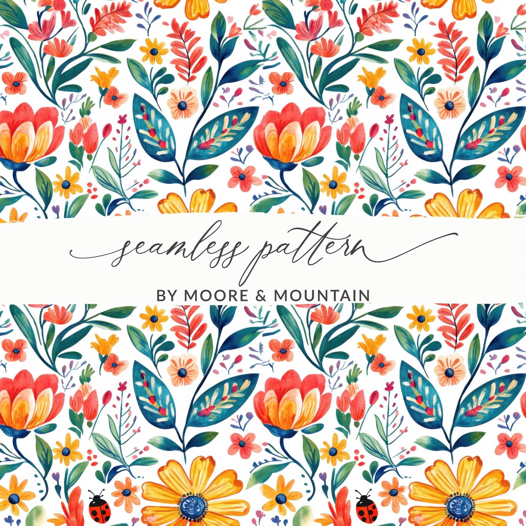 Floral Meadow with Ladybugs and Plants Digital Download | Nature - inspired Art Print - Moore and Mountain
