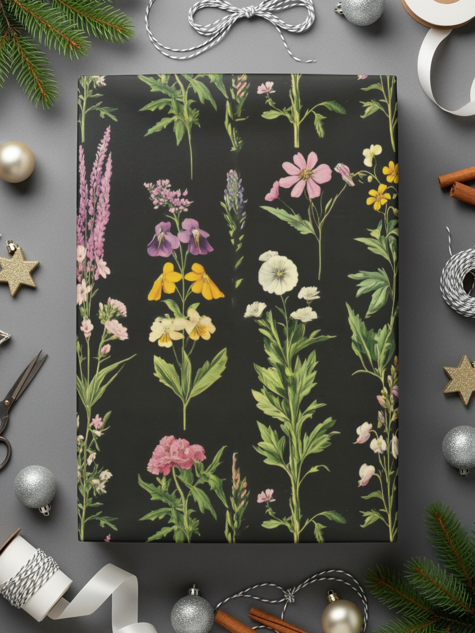 Floral Pattern Digital Download, Vintage Flower Repeat Pattern, Seamless Botanical Design, Black Background, Digital Paper, Floral JPEG - Moore and Mountain