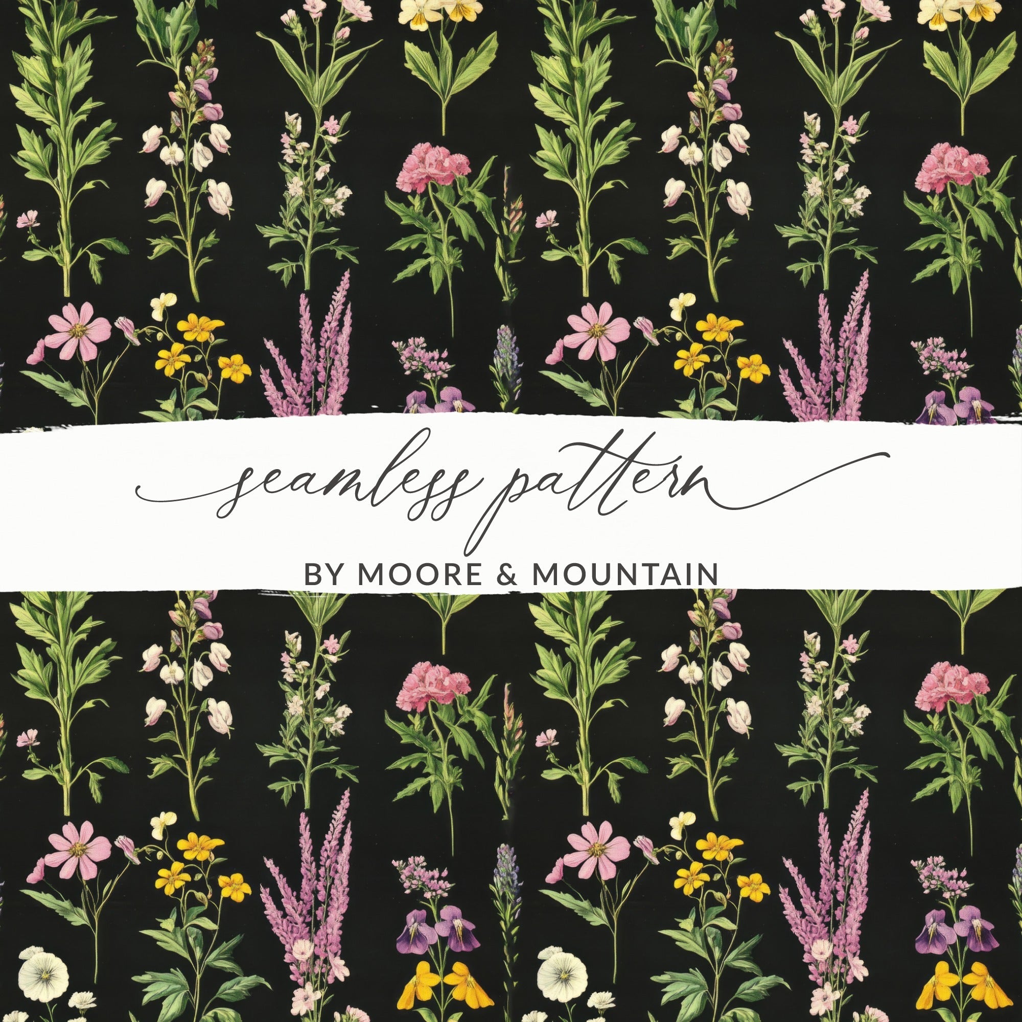 Floral Pattern Digital Download, Vintage Flower Repeat Pattern, Seamless Botanical Design, Black Background, Digital Paper, Floral JPEG - Moore and Mountain