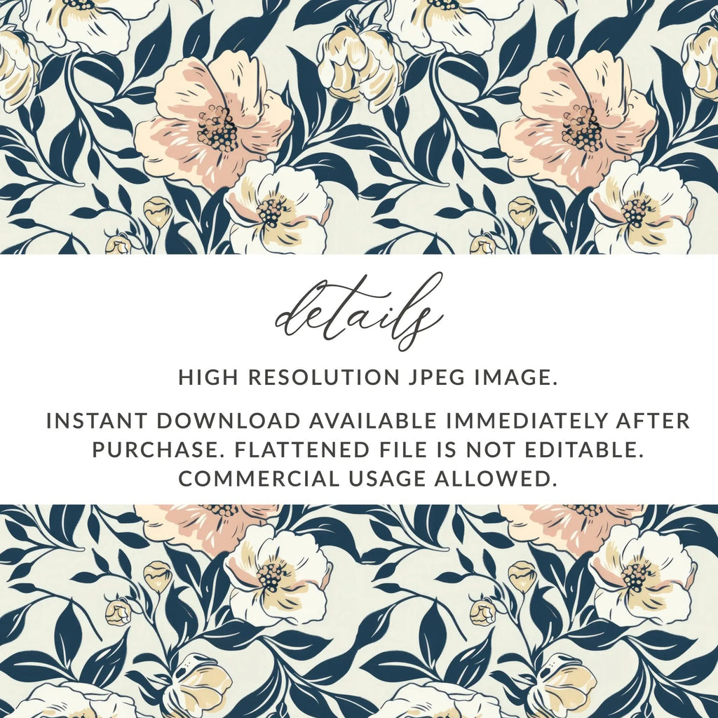Floral Pattern Digital Paper, Beige and Navy Seamless Design, Flower Digital Background, Botanical JPEG File, Scrapbook Paper - Moore and Mountain