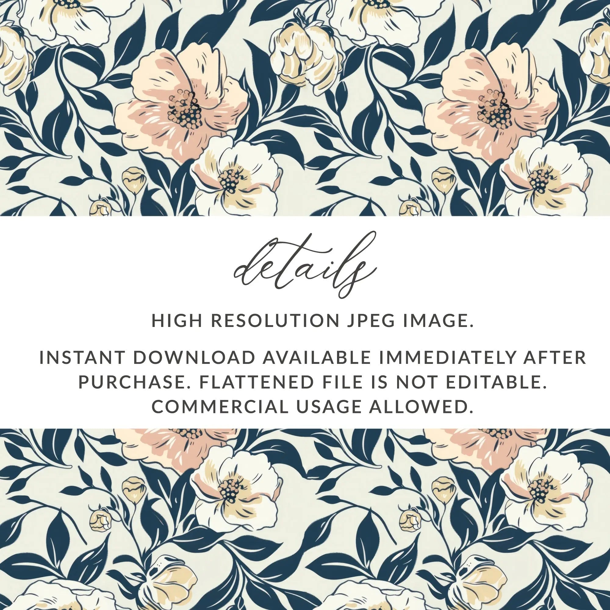 Floral Pattern Digital Paper, Beige and Navy Seamless Design, Flower Digital Background, Botanical JPEG File, Scrapbook Paper - Moore and Mountain