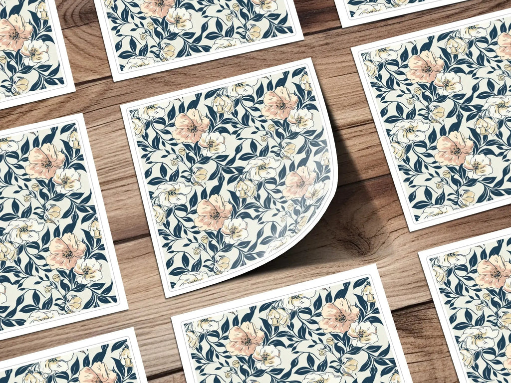 Floral Pattern Digital Paper, Beige and Navy Seamless Design, Flower Digital Background, Botanical JPEG File, Scrapbook Paper - Moore and Mountain