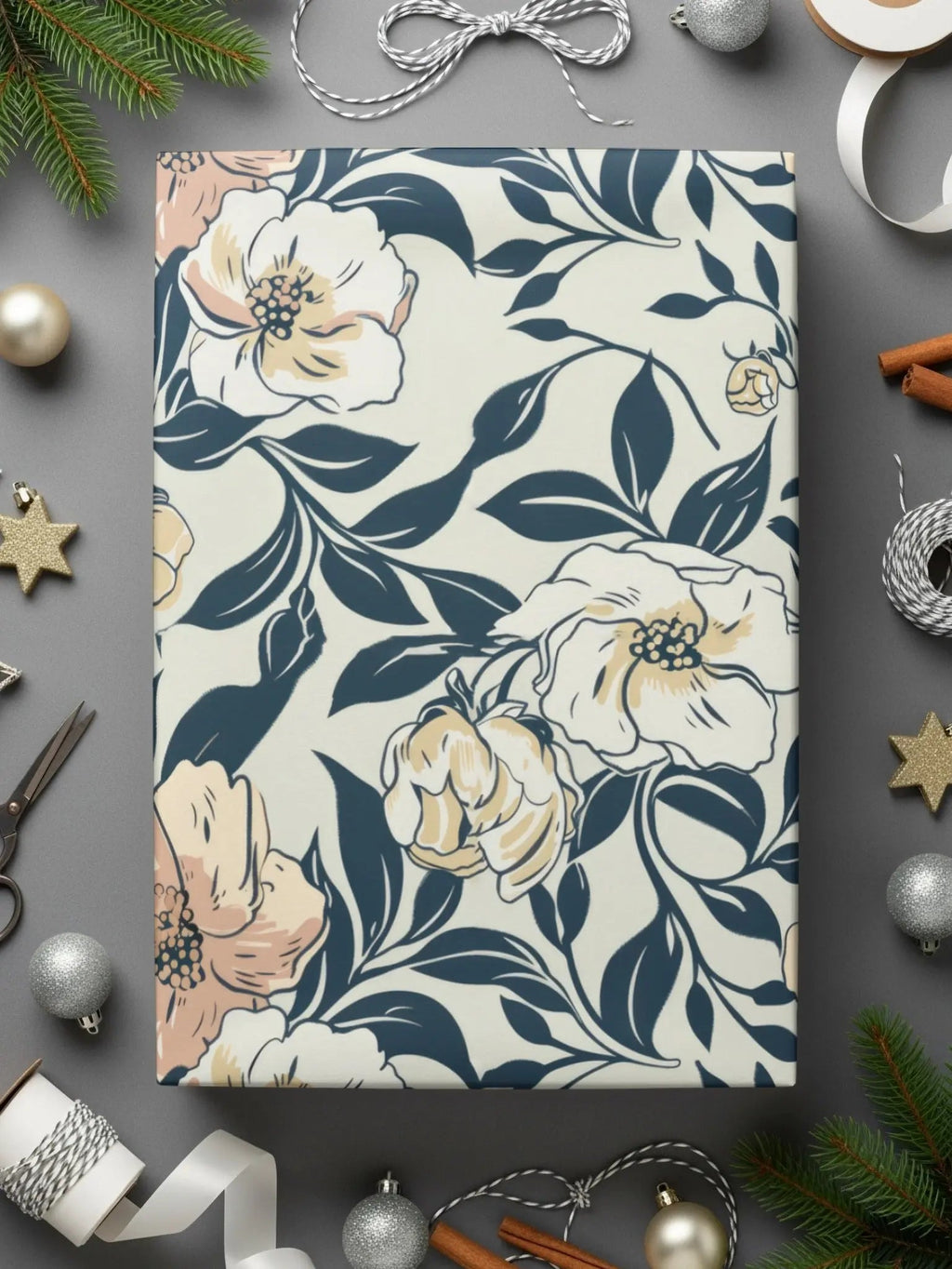 Floral Pattern Digital Paper, Beige and Navy Seamless Design, Flower Digital Background, Botanical JPEG File, Scrapbook Paper - Moore and Mountain