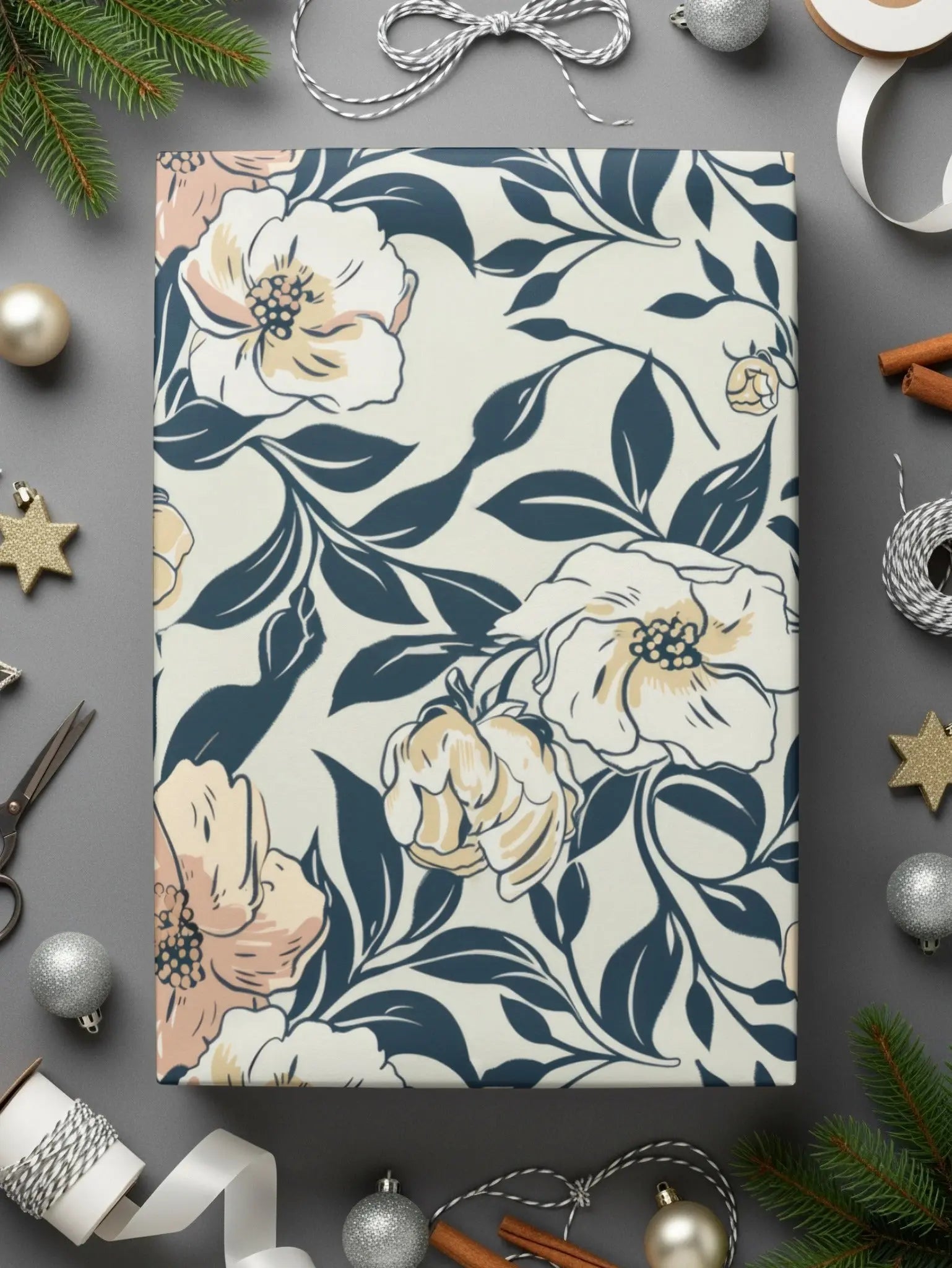 Floral Pattern Digital Paper, Beige and Navy Seamless Design, Flower Digital Background, Botanical JPEG File, Scrapbook Paper - Moore and Mountain