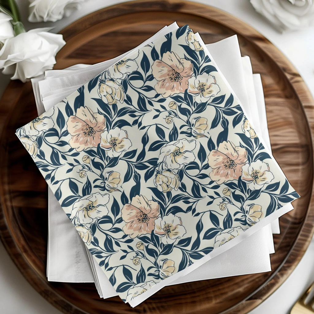Floral Pattern Digital Paper, Beige and Navy Seamless Design, Flower Digital Background, Botanical JPEG File, Scrapbook Paper - Moore and Mountain