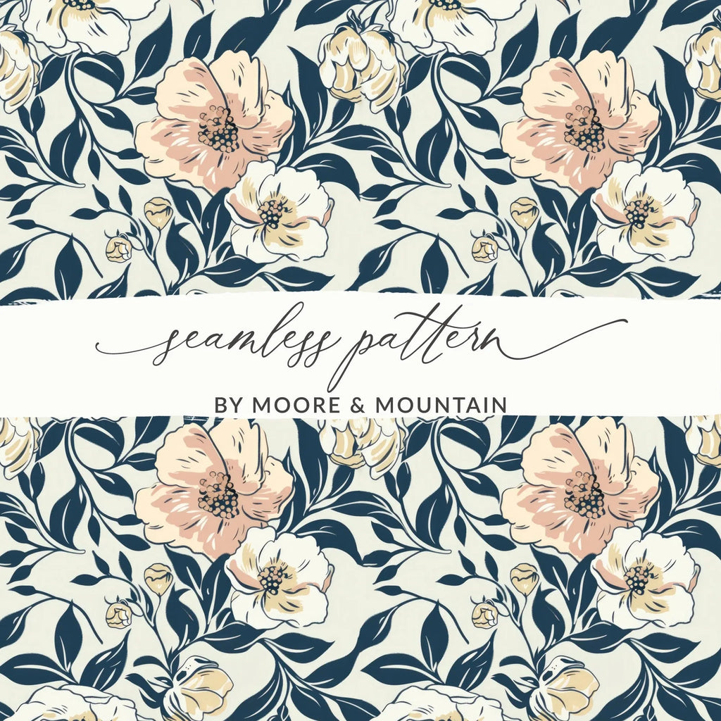 Floral Pattern Digital Paper, Beige and Navy Seamless Design, Flower Digital Background, Botanical JPEG File, Scrapbook Paper - Moore and Mountain