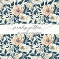 Floral Pattern Digital Paper, Beige and Navy Seamless Design, Flower Digital Background, Botanical JPEG File, Scrapbook Paper - Moore and Mountain
