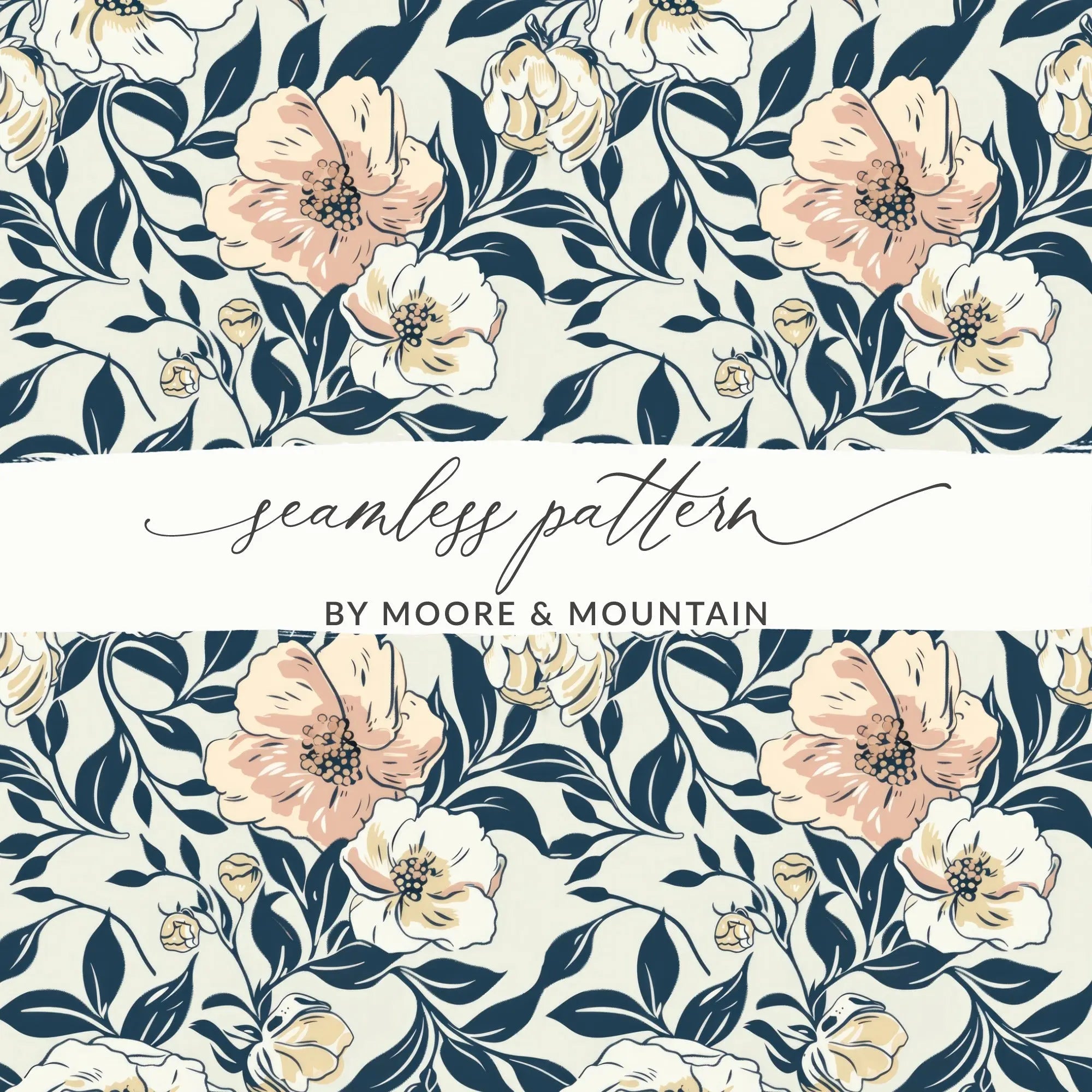 Floral Pattern Digital Paper, Beige and Navy Seamless Design, Flower Digital Background, Botanical JPEG File, Scrapbook Paper - Moore and Mountain