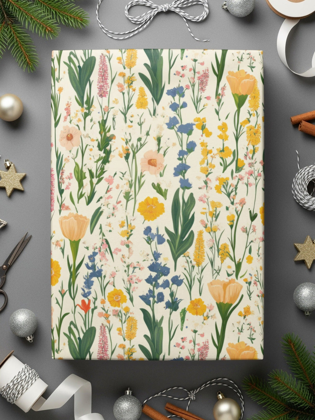 Floral Pattern Digital Paper, Flower Seamless Design, Springtime Scrapbook Paper, Printable Fabric Pattern, Yellow, Blue, Pink Flowers - Moore and Mountain
