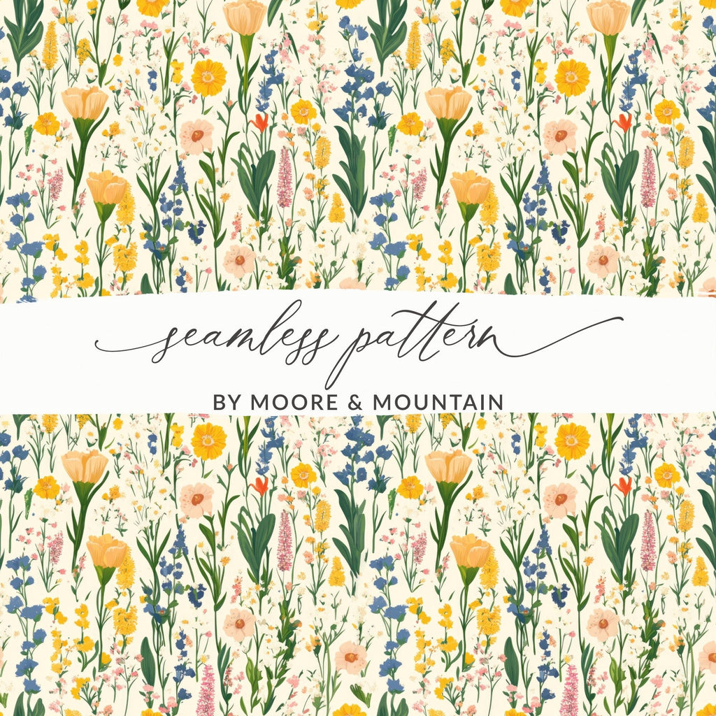Floral Pattern Digital Paper, Flower Seamless Design, Springtime Scrapbook Paper, Printable Fabric Pattern, Yellow, Blue, Pink Flowers - Moore and Mountain