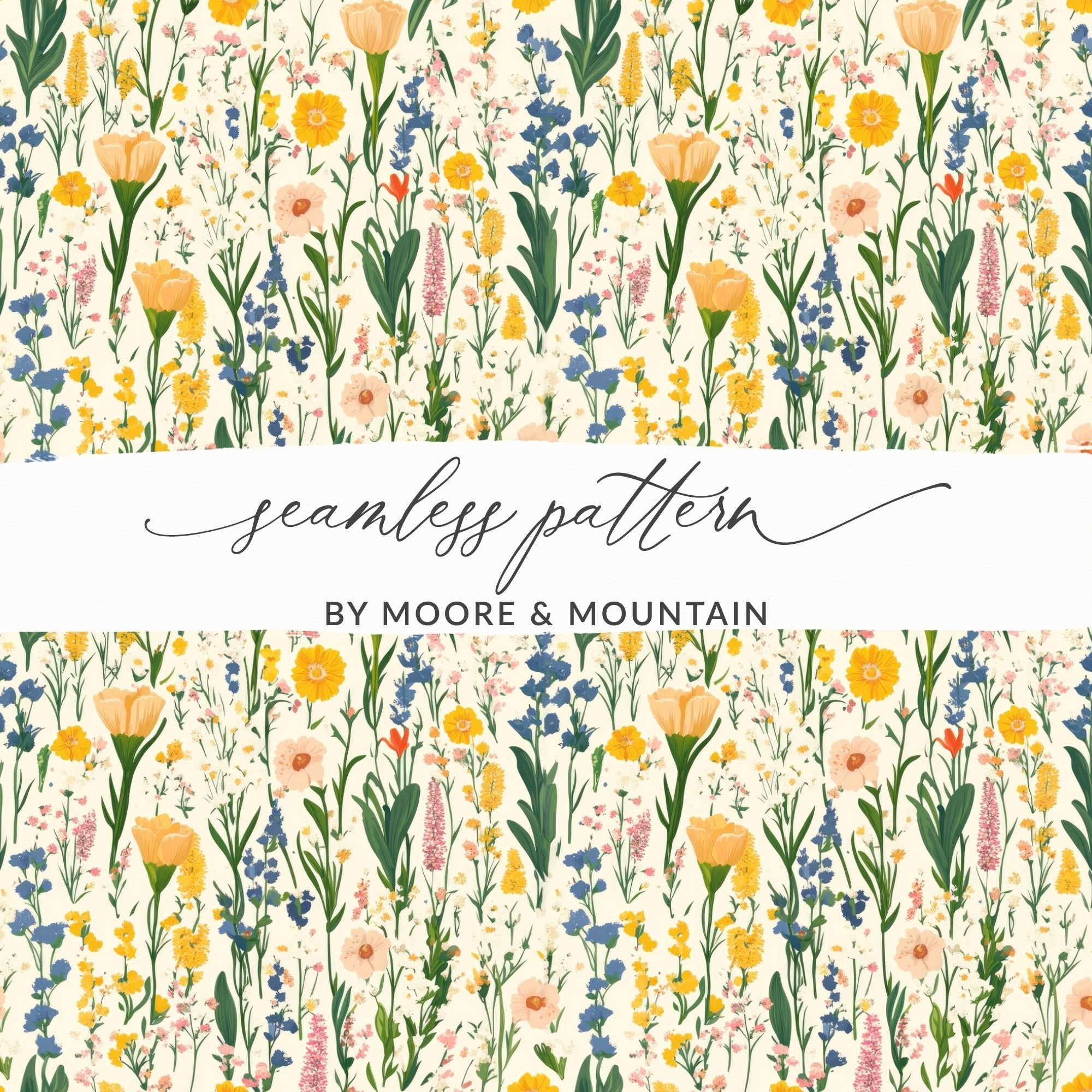 Floral Pattern Digital Paper, Flower Seamless Design, Springtime Scrapbook Paper, Printable Fabric Pattern, Yellow, Blue, Pink Flowers - Moore and Mountain