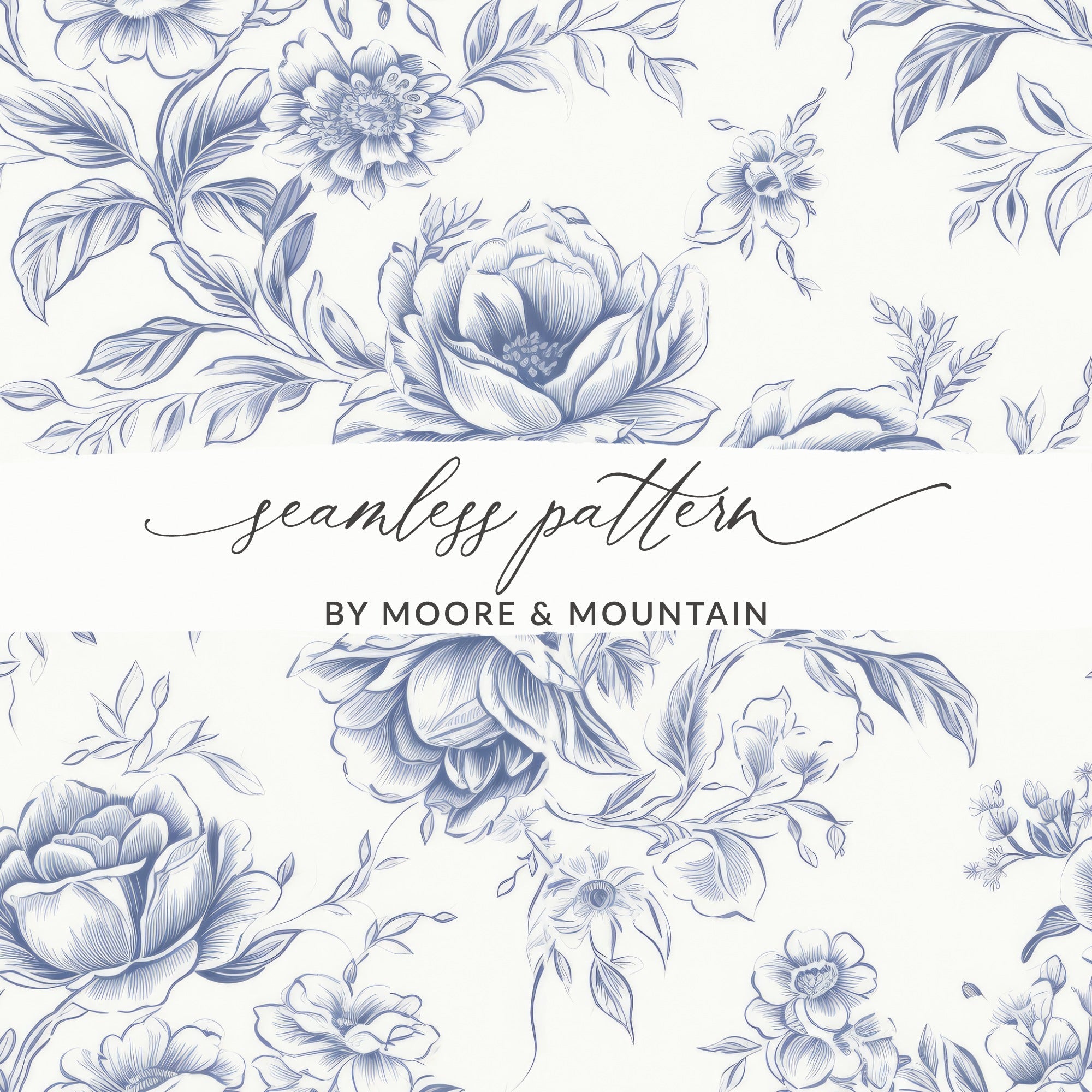 Floral Pattern Digital Paper, Seamless Flower Repeat, Elegant Indigo Botanical Design, Commercial Use Print, 2 JPEG Scales, Download - Moore and Mountain