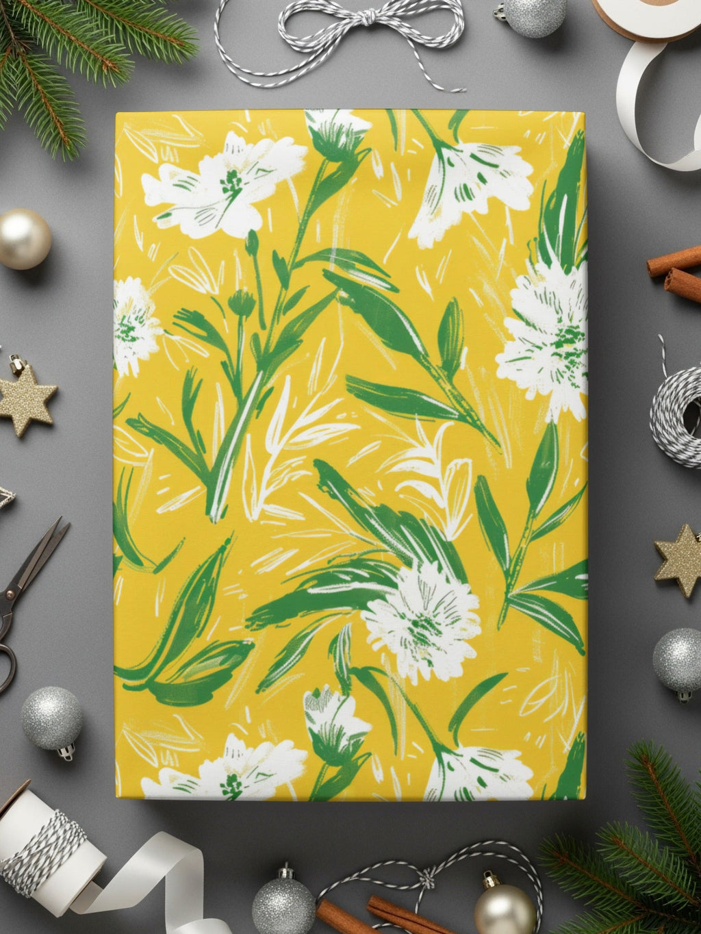 Floral Pattern Digital Paper, Yellow Background, Botanical Print, White Flower Seamless Pattern, Commercial Use Digital Paper - Moore and Mountain