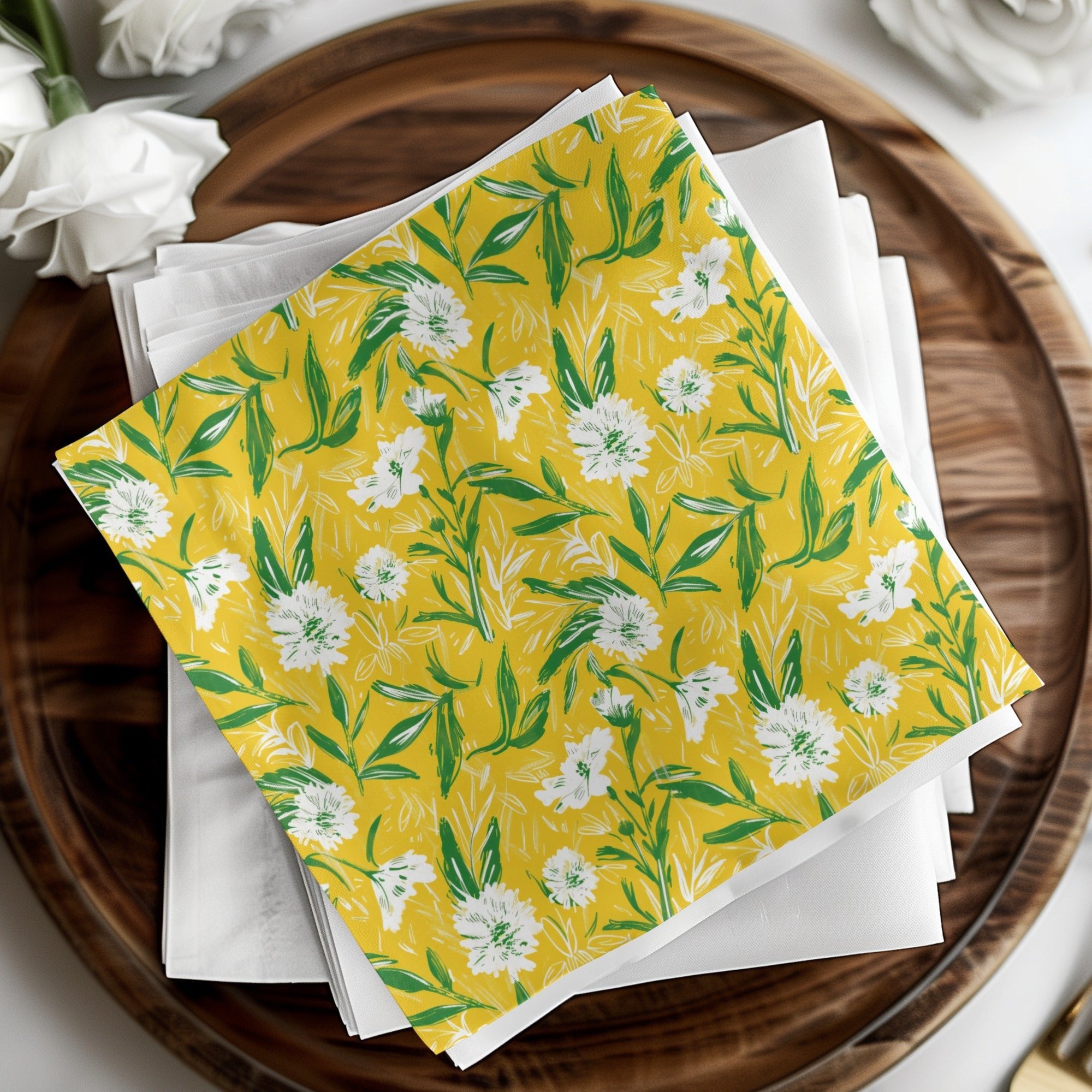 Floral Pattern Digital Paper, Yellow Background, Botanical Print, White Flower Seamless Pattern, Commercial Use Digital Paper - Moore and Mountain