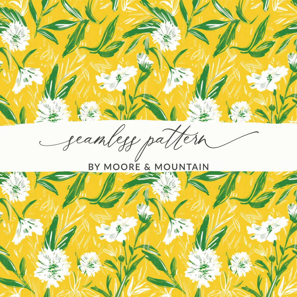 Floral Pattern Digital Paper, Yellow Background, Botanical Print, White Flower Seamless Pattern, Commercial Use Digital Paper - Moore and Mountain