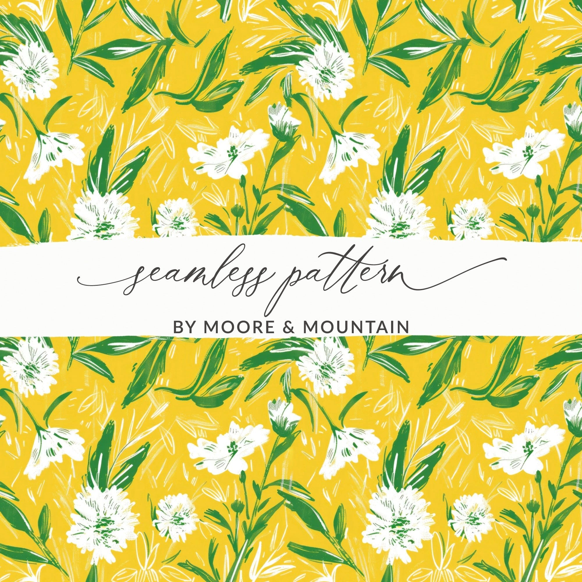 Floral Pattern Digital Paper, Yellow Background, Botanical Print, White Flower Seamless Pattern, Commercial Use Digital Paper - Moore and Mountain
