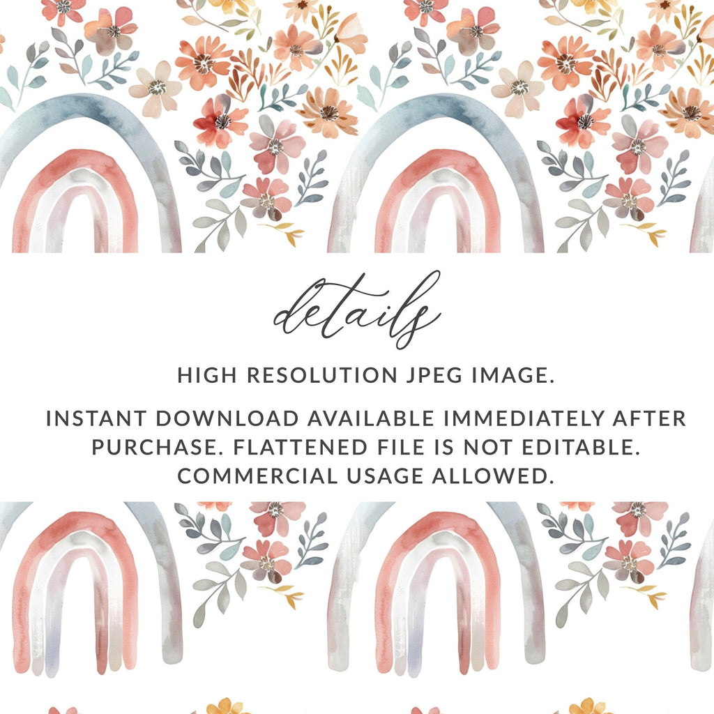 Floral Rainbow Digital Paper, Seamless Pattern JPEG, Boho Rainbow Design, Watercolor Flowers, Neutral Colors, Commercial Use Digital - Moore and Mountain