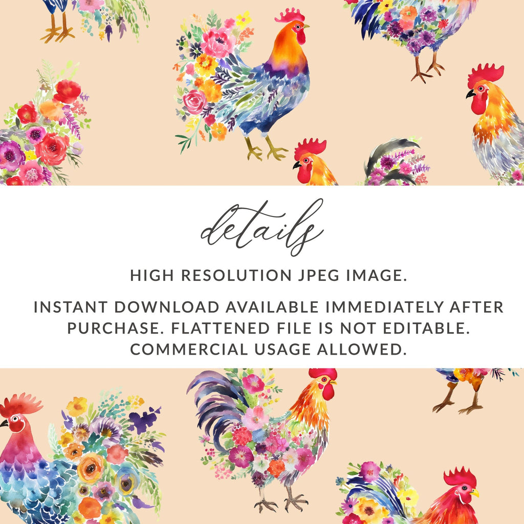 Floral Rooster Digital Paper, Watercolor Chicken Seamless Pattern, Farmhouse Animal Printable, Craft Digital Download, JPEG Files - Moore and Mountain