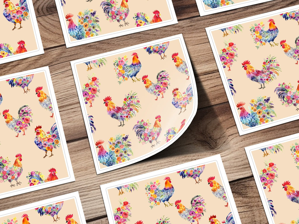 Floral Rooster Digital Paper, Watercolor Chicken Seamless Pattern, Farmhouse Animal Printable, Craft Digital Download, JPEG Files - Moore and Mountain