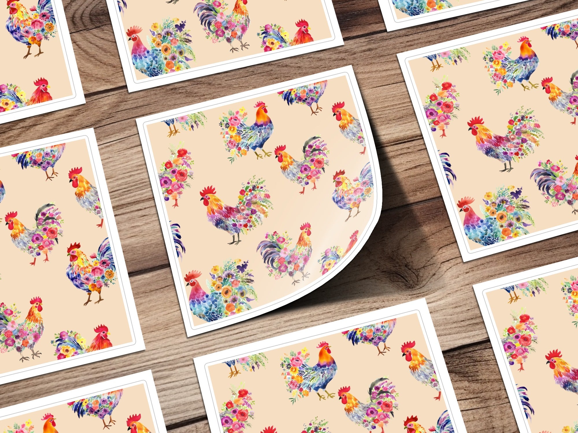 Floral Rooster Digital Paper, Watercolor Chicken Seamless Pattern, Farmhouse Animal Printable, Craft Digital Download, JPEG Files - Moore and Mountain