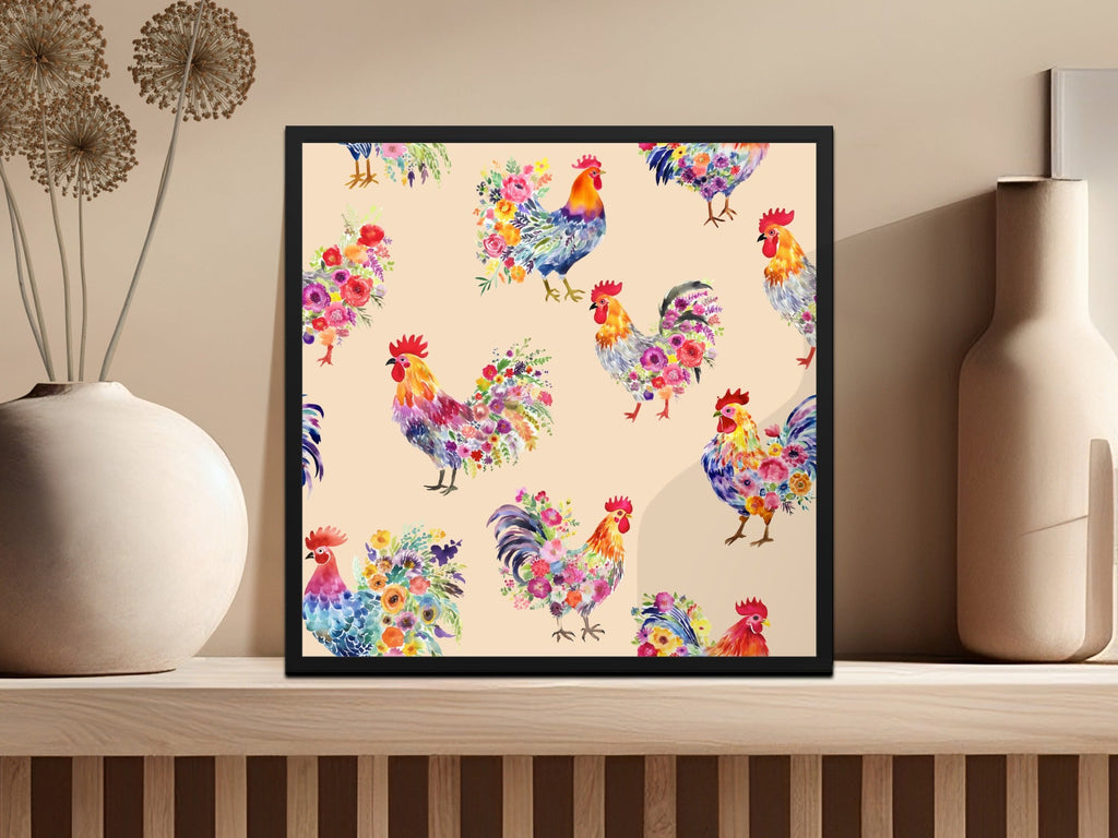 Floral Rooster Digital Paper, Watercolor Chicken Seamless Pattern, Farmhouse Animal Printable, Craft Digital Download, JPEG Files - Moore and Mountain