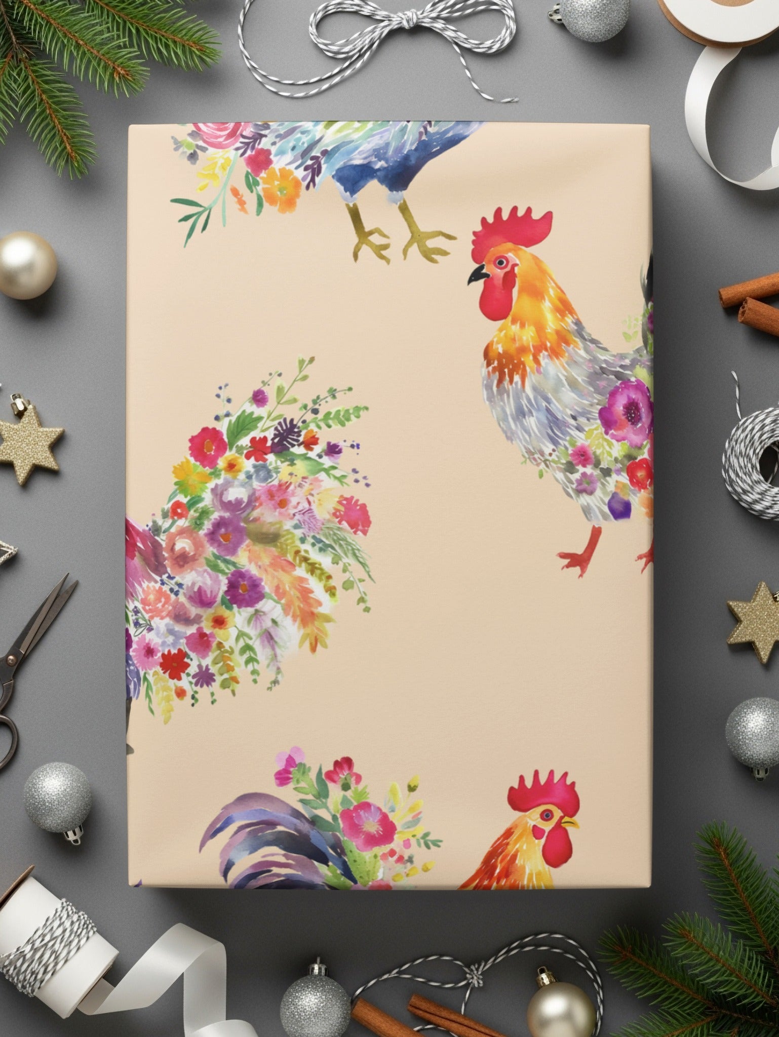Floral Rooster Digital Paper, Watercolor Chicken Seamless Pattern, Farmhouse Animal Printable, Craft Digital Download, JPEG Files - Moore and Mountain