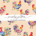 Floral Rooster Digital Paper, Watercolor Chicken Seamless Pattern, Farmhouse Animal Printable, Craft Digital Download, JPEG Files - Moore and Mountain