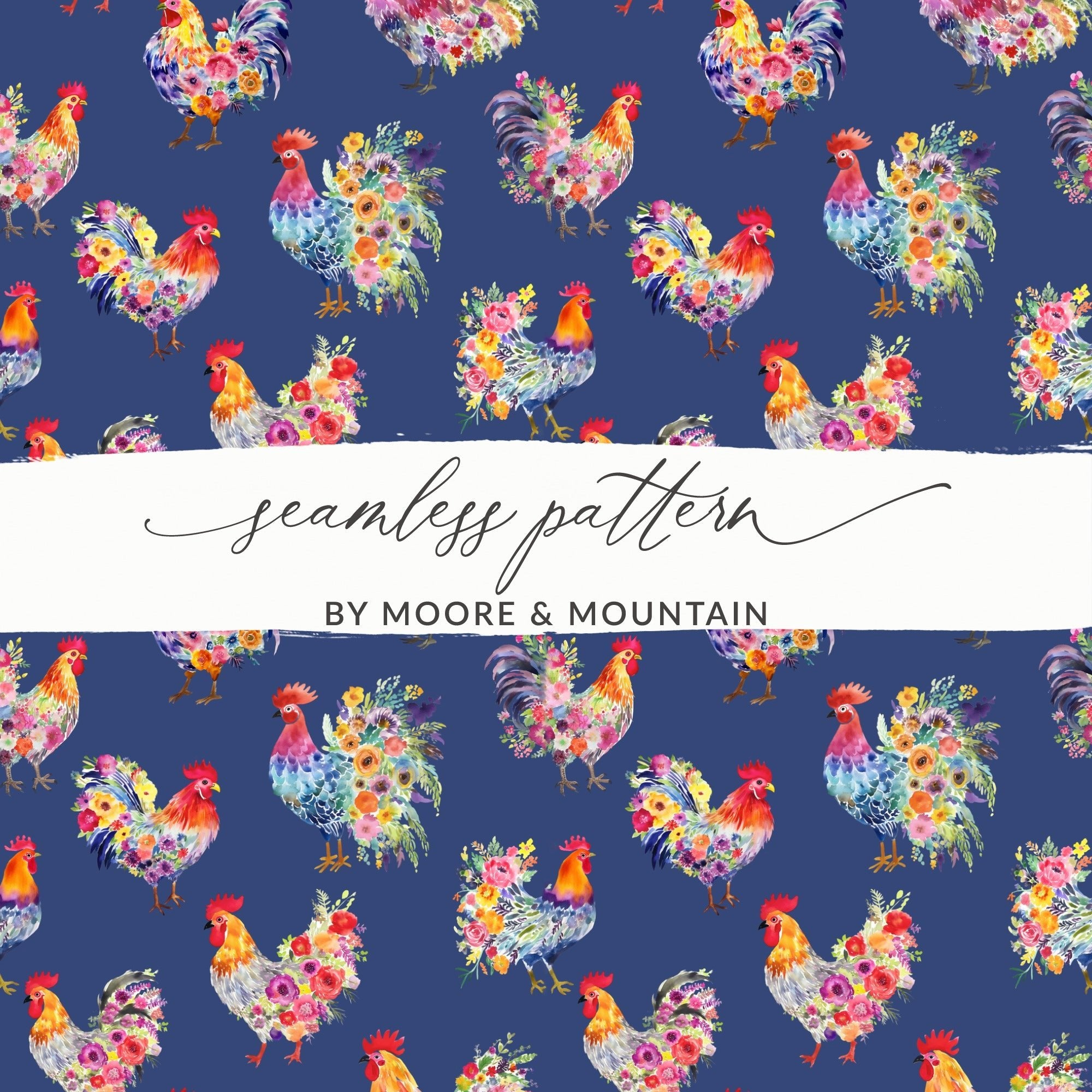 Floral Rooster Pattern, Farmhouse Digital Paper, Chicken Seamless File, Watercolor Animal Print, Fabric Design, Home Decor, Digital Download - Moore and Mountain