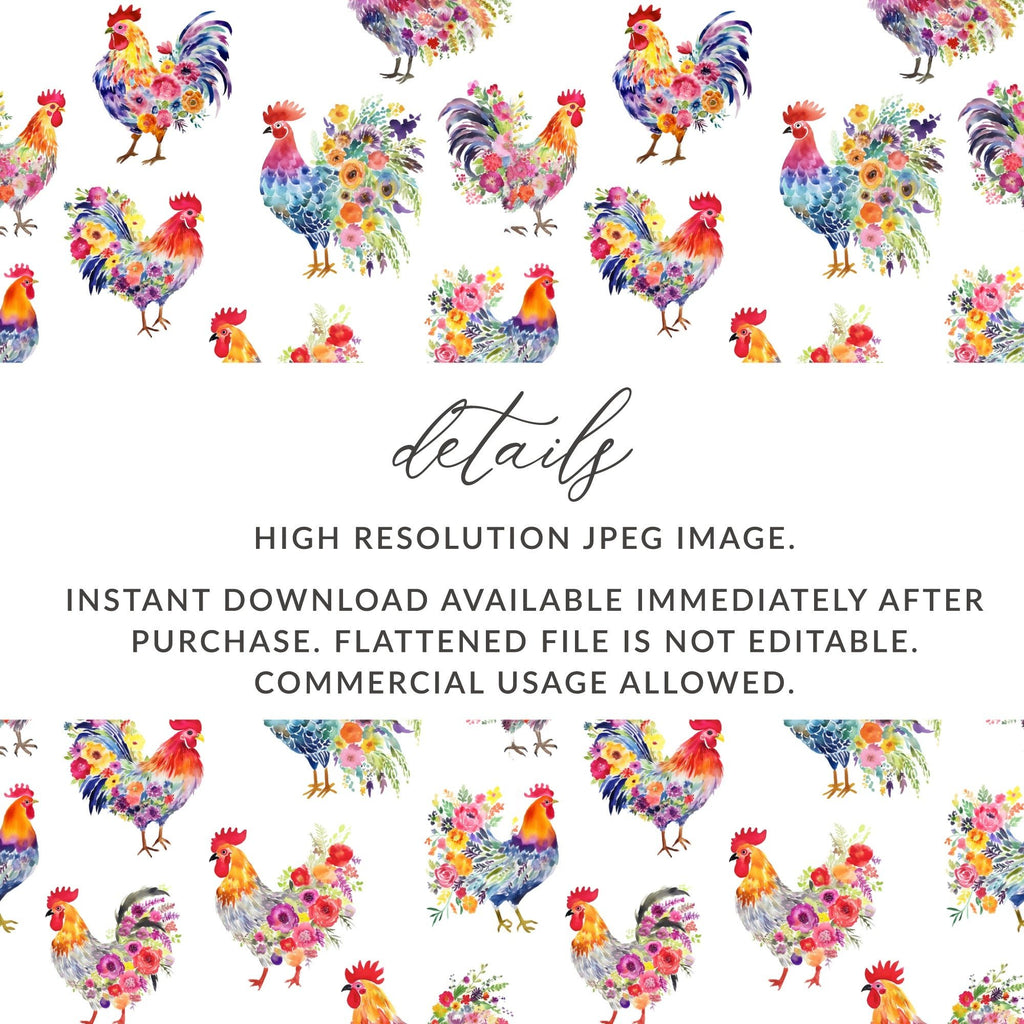 Floral Rooster Seamless Pattern Digital Paper, Chicken Printable Background, Watercolor Animal Design, Fabric Design, Scrapbook Paper - Moore and Mountain