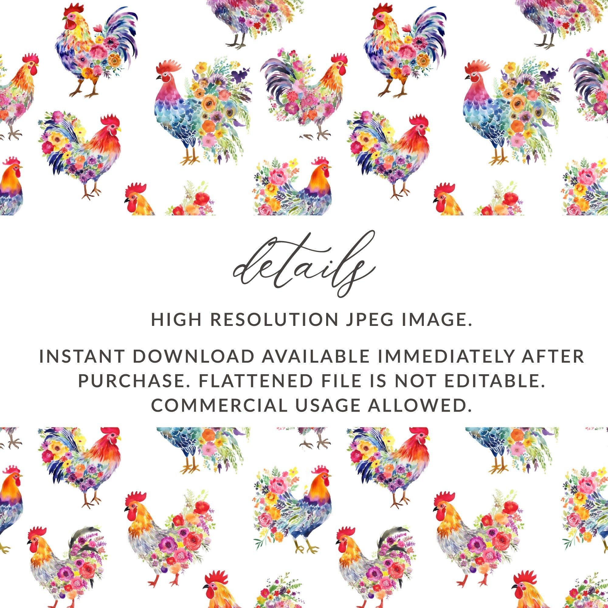 Floral Rooster Seamless Pattern Digital Paper, Chicken Printable Background, Watercolor Animal Design, Fabric Design, Scrapbook Paper - Moore and Mountain
