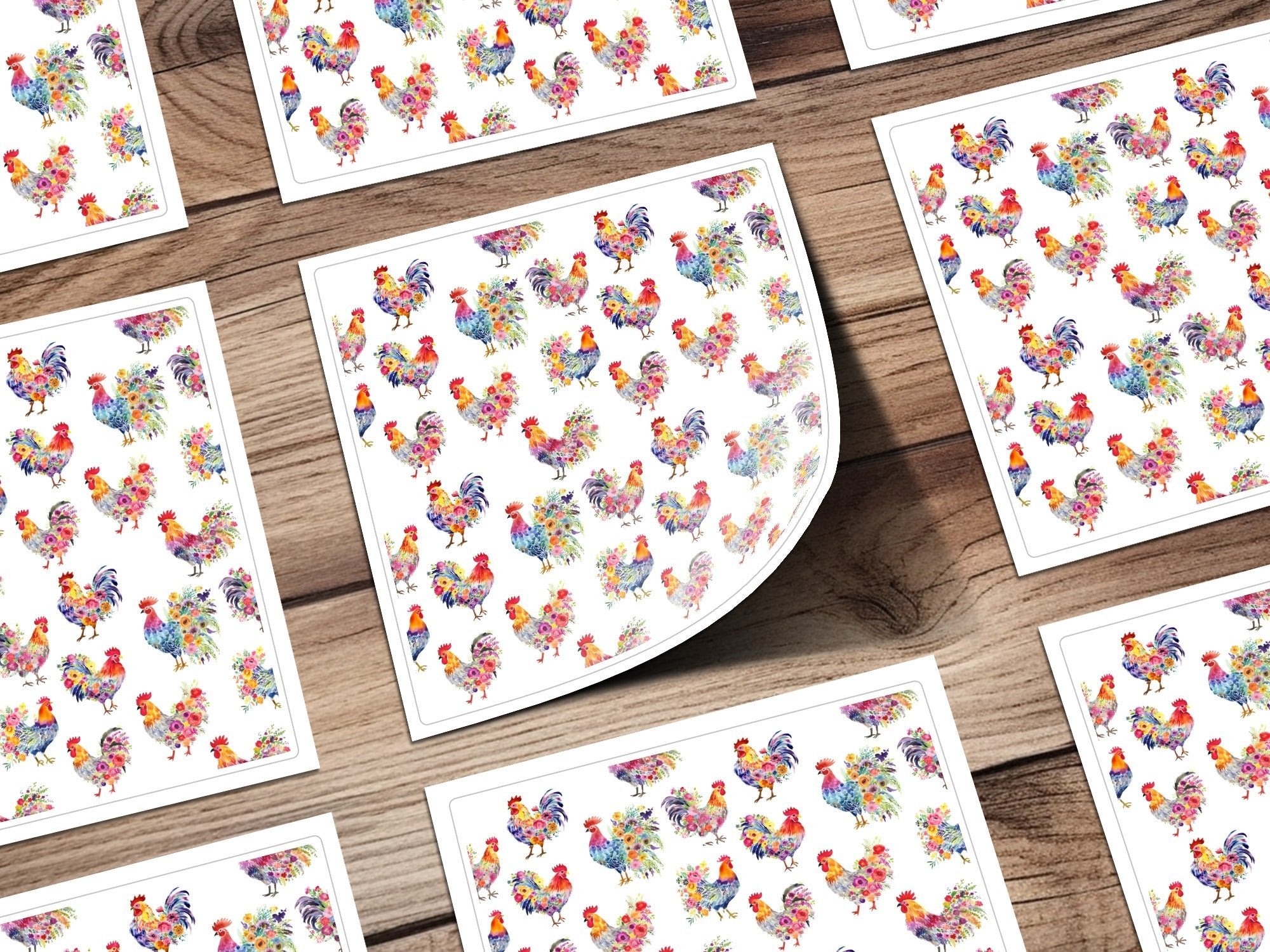 Floral Rooster Seamless Pattern Digital Paper, Chicken Printable Background, Watercolor Animal Design, Fabric Design, Scrapbook Paper - Moore and Mountain