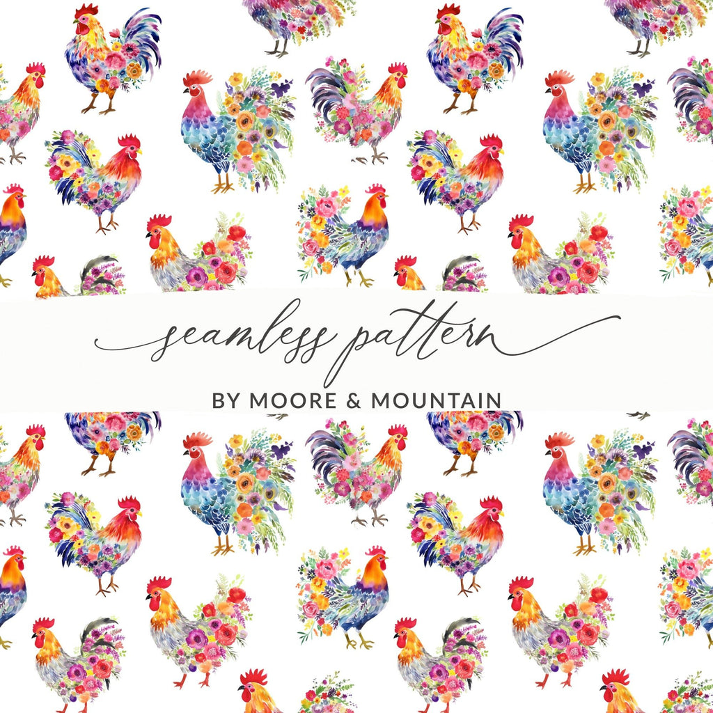 Floral Rooster Seamless Pattern Digital Paper, Chicken Printable Background, Watercolor Animal Design, Fabric Design, Scrapbook Paper - Moore and Mountain