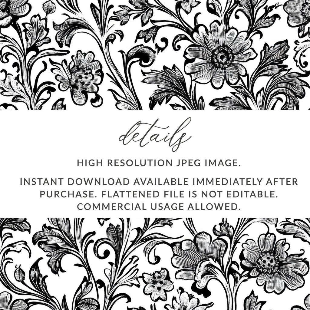 Floral Seamless Digital Pattern, Black and White Flower Background, Textile Design, Repeating Pattern Image, Digital Download, Scrapbook - Moore and Mountain