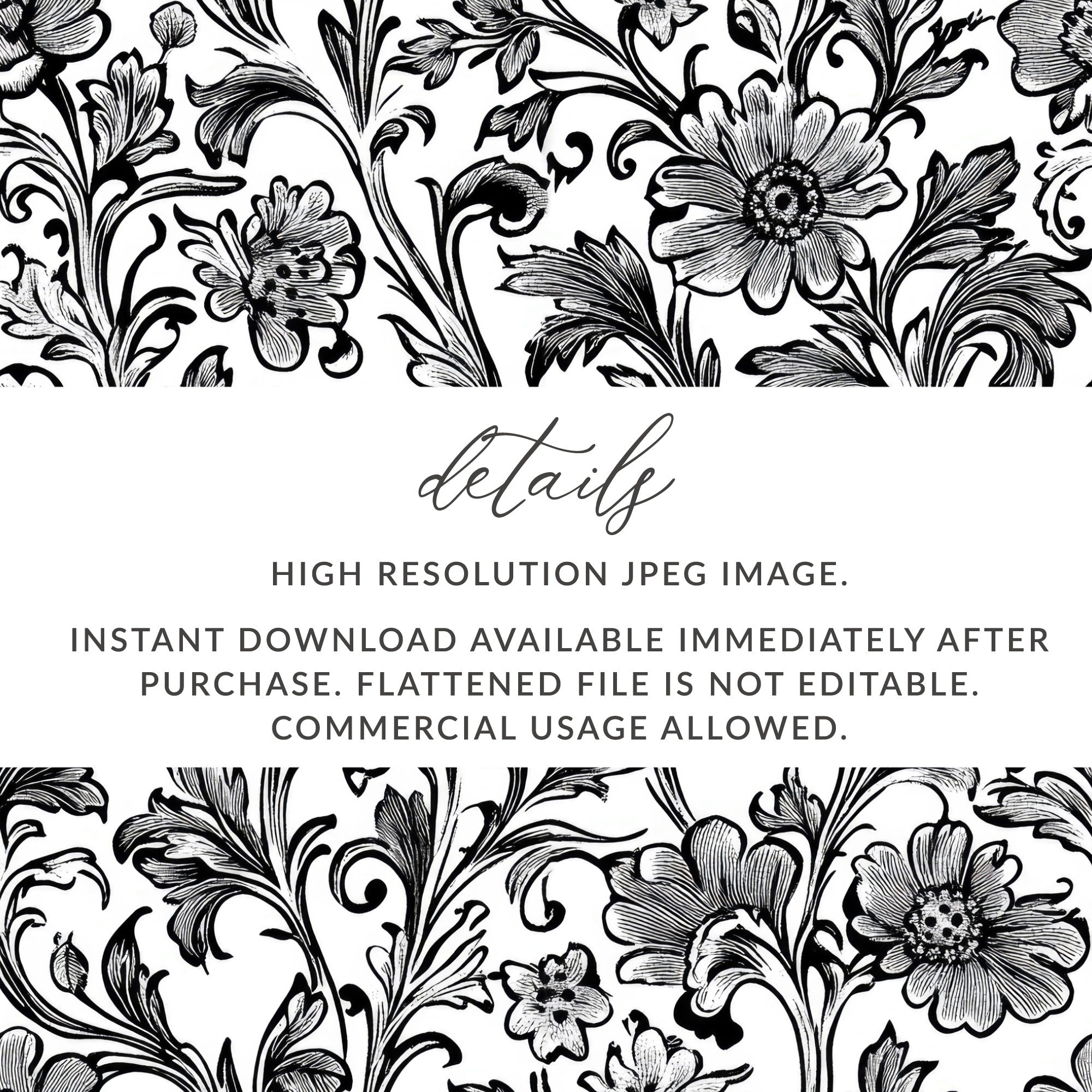 Floral Seamless Digital Pattern, Black and White Flower Background, Textile Design, Repeating Pattern Image, Digital Download, Scrapbook - Moore and Mountain