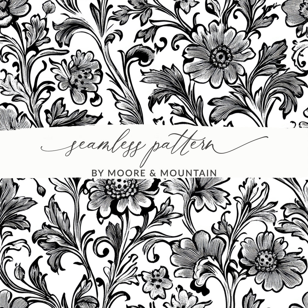 Floral Seamless Digital Pattern, Black and White Flower Background, Textile Design, Repeating Pattern Image, Digital Download, Scrapbook - Moore and Mountain