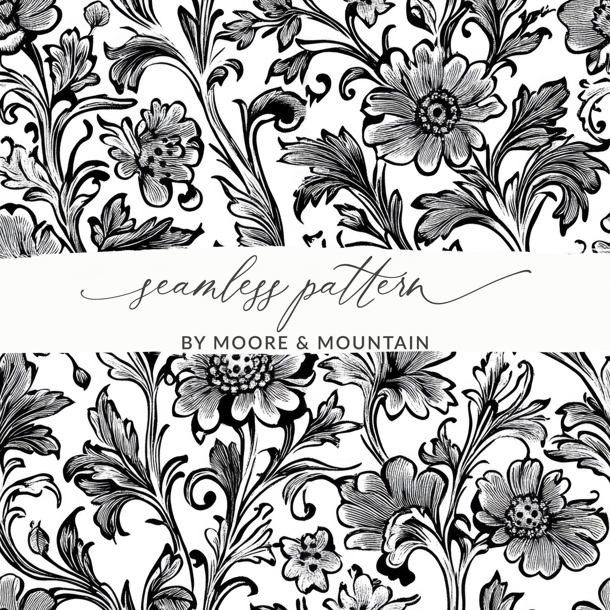 Floral Seamless Digital Pattern, Black and White Flower Background, Textile Design, Repeating Pattern Image, Digital Download, Scrapbook - Moore and Mountain
