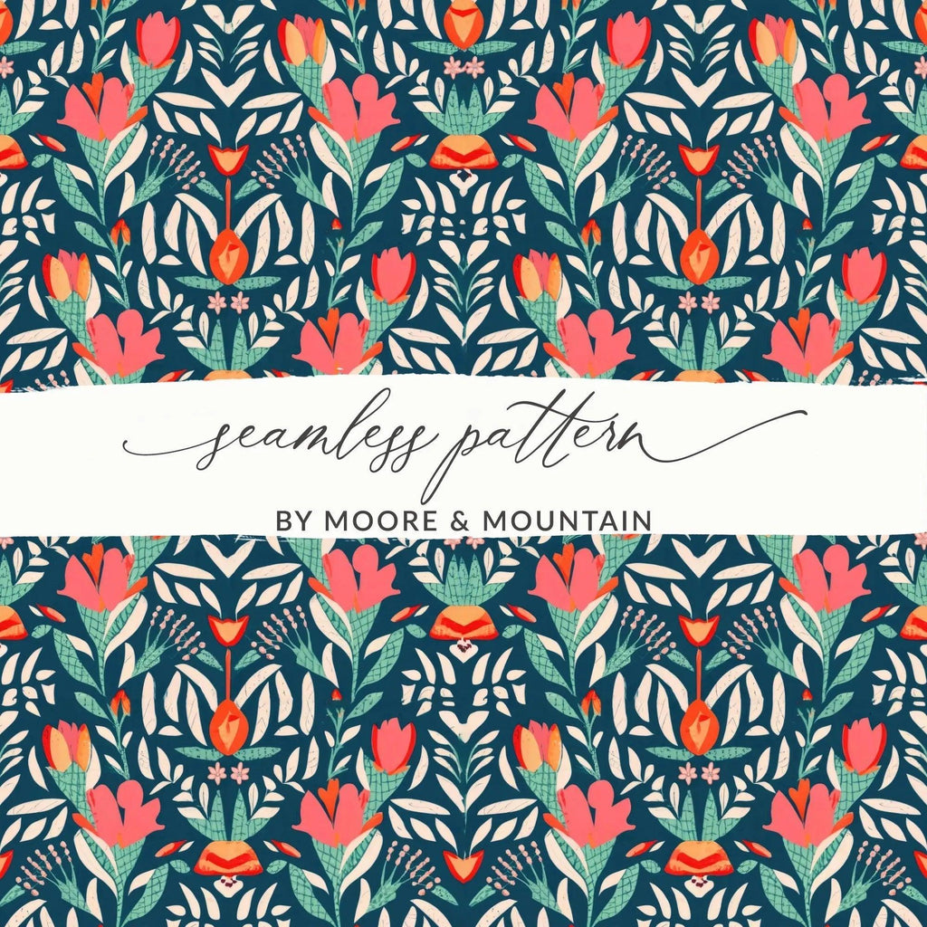 Floral Seamless Digital Pattern, Dark Background, Flower Repeat, Printable Fabric, 12x12 Inches, Digital Download for Crafts - Moore and Mountain
