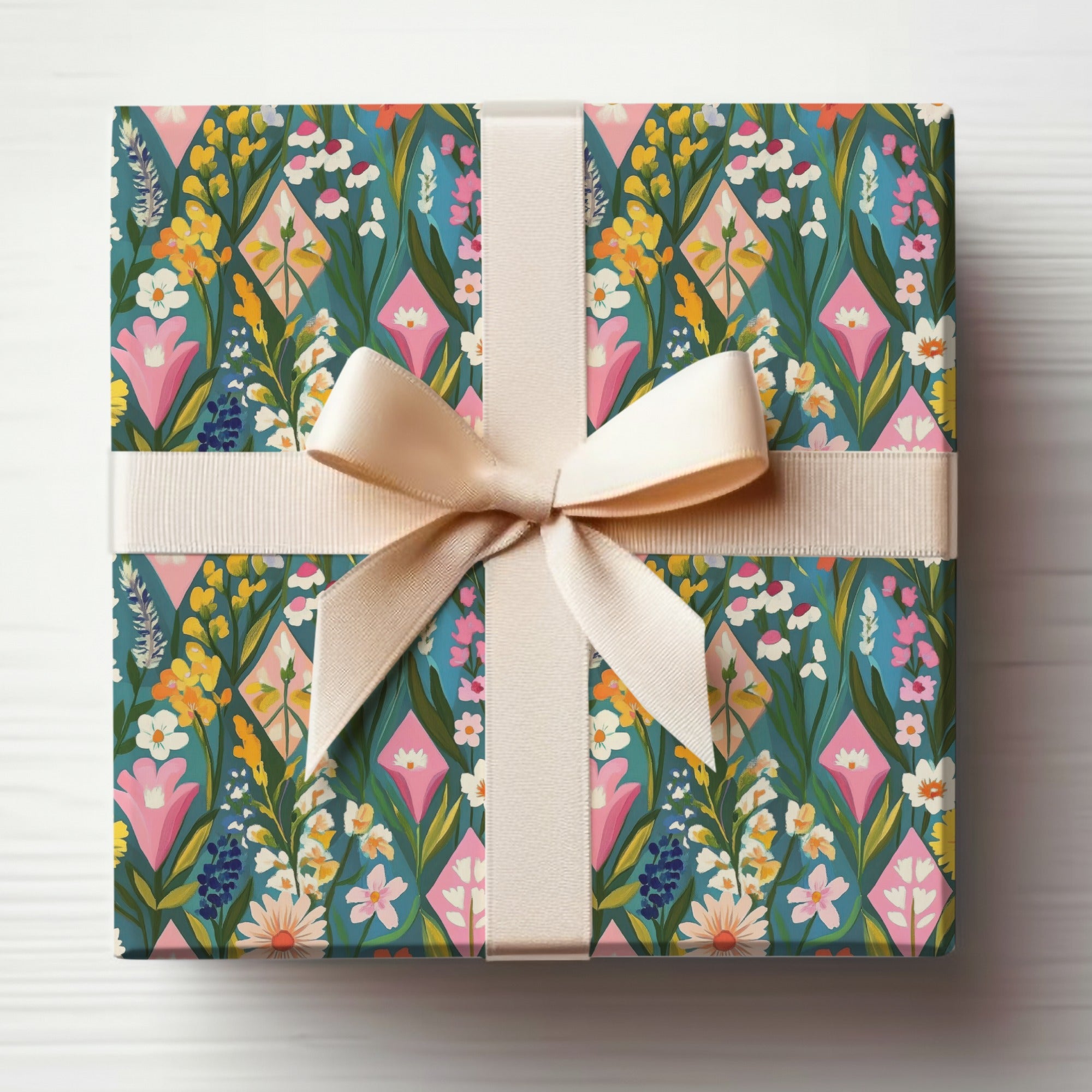 Elegant Floral Gift Wrap with Pastel Ribbon Design