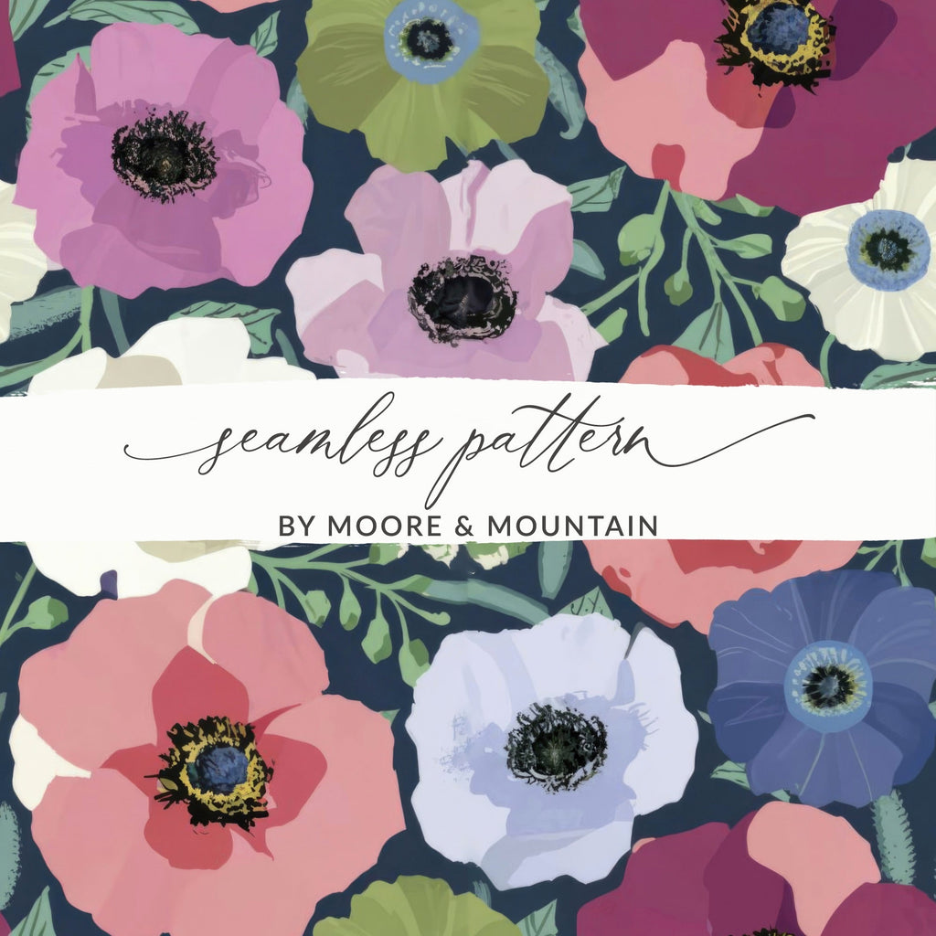 Floral Seamless Pattern, Anemone Flower, Digital Paper Pack, Fabric Design, Watercolor Style, Surface Pattern, Downloadable, Print Ready - Moore and Mountain