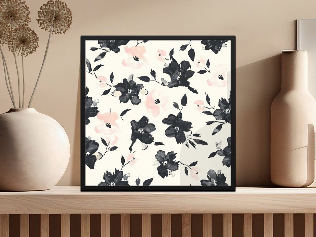 Floral Seamless Pattern, Black Pink Flowers, Digital Paper, Fabric Print, Scrapbook Paper, Watercolor Style, Digital Download - Moore and Mountain