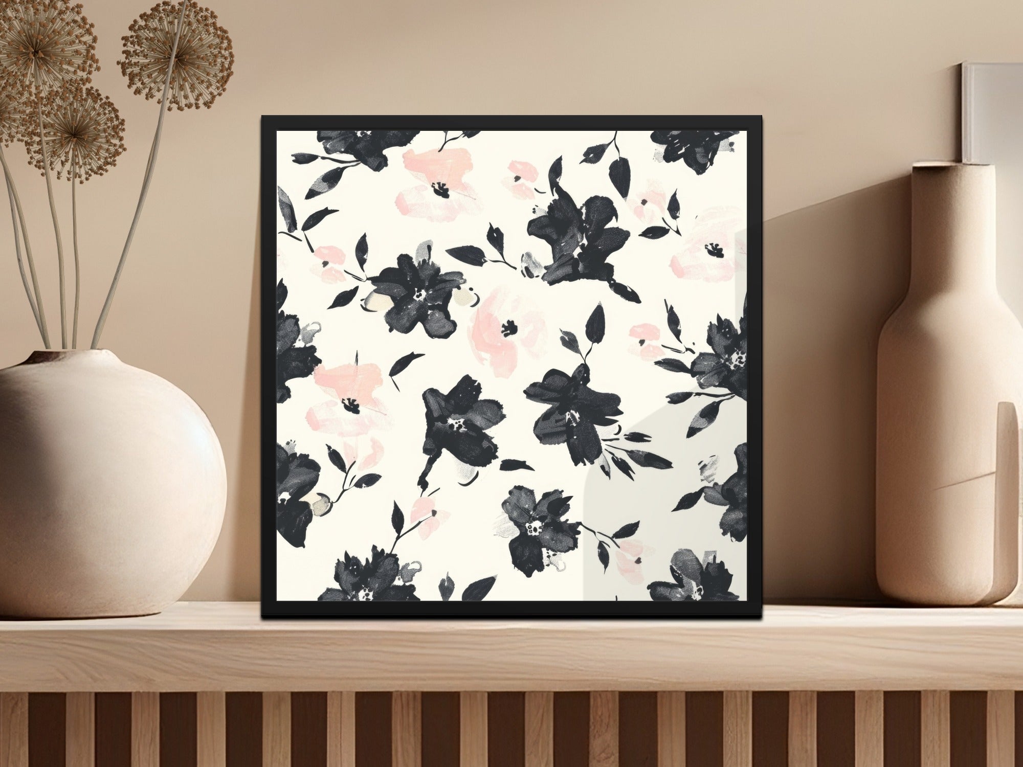 Floral Seamless Pattern, Black Pink Flowers, Digital Paper, Fabric Print, Scrapbook Paper, Watercolor Style, Digital Download - Moore and Mountain