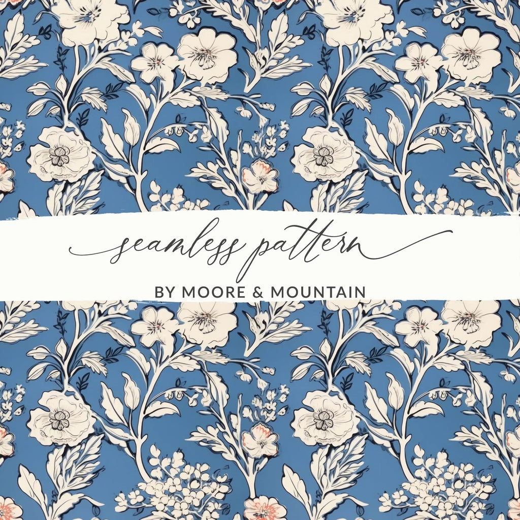 Floral Seamless Pattern, Blue Digital Paper, Flower Design, Scrapbook Paper, Tileable Print, Repeating Pattern, Digital Download - Moore and Mountain