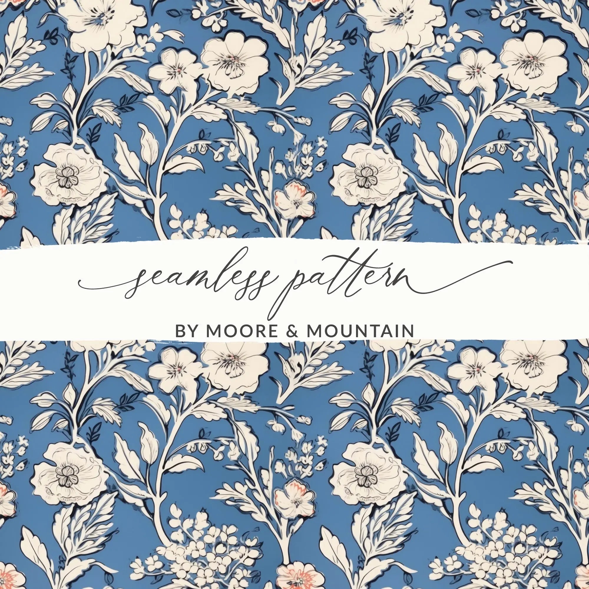 Floral Seamless Pattern, Blue Digital Paper, Flower Design, Scrapbook Paper, Tileable Print, Repeating Pattern, Digital Download - Moore and Mountain